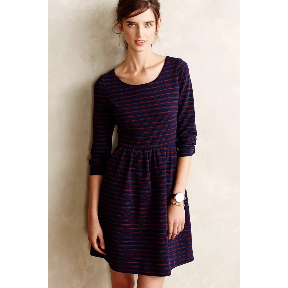 Anthropologie | Maeve Womens Brenna Dress Blue Red Stripe Size 8 Fit N Flare